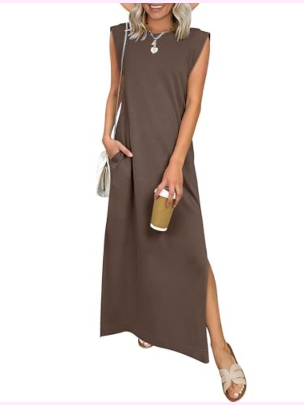 Women's Sleeveless Maxi Dress Crewneck Split Wrinkle-Free Summer Beach Vacation